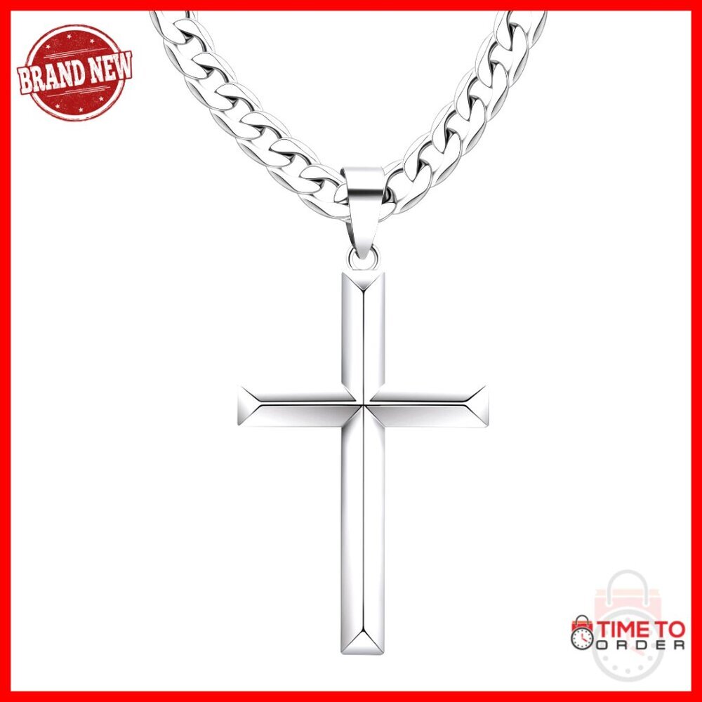 Sterling Silver Cross Necklace with Stainless Steel Cuban Chain 22 Inch